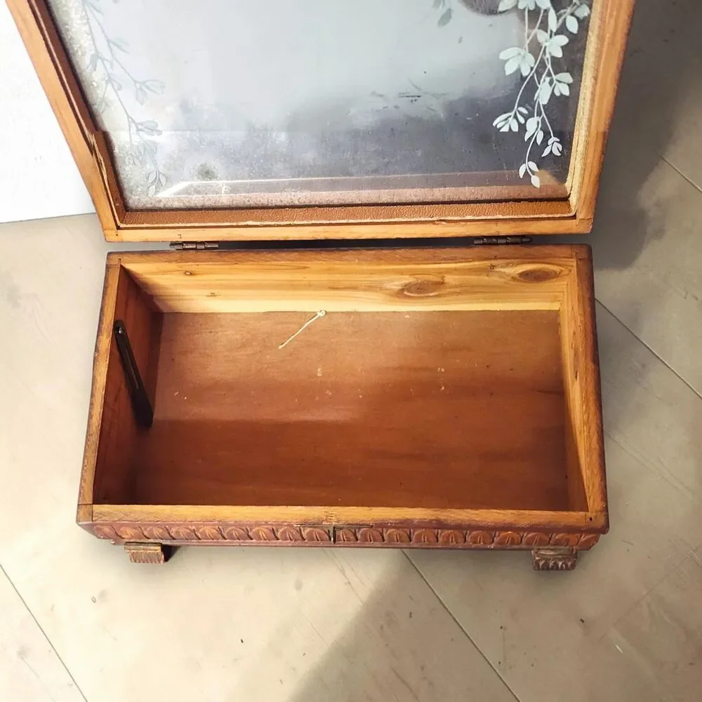 Vintage Carved Cedar Wood Jewelry Box Mirror Cottage Scene Footed Keepsake